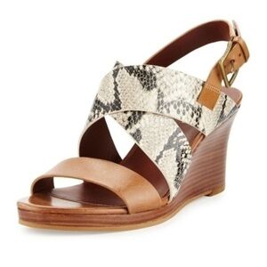 Cole Haan Penelope Snakeskin Brown Leather Wedge Heel Sandals Size 9B